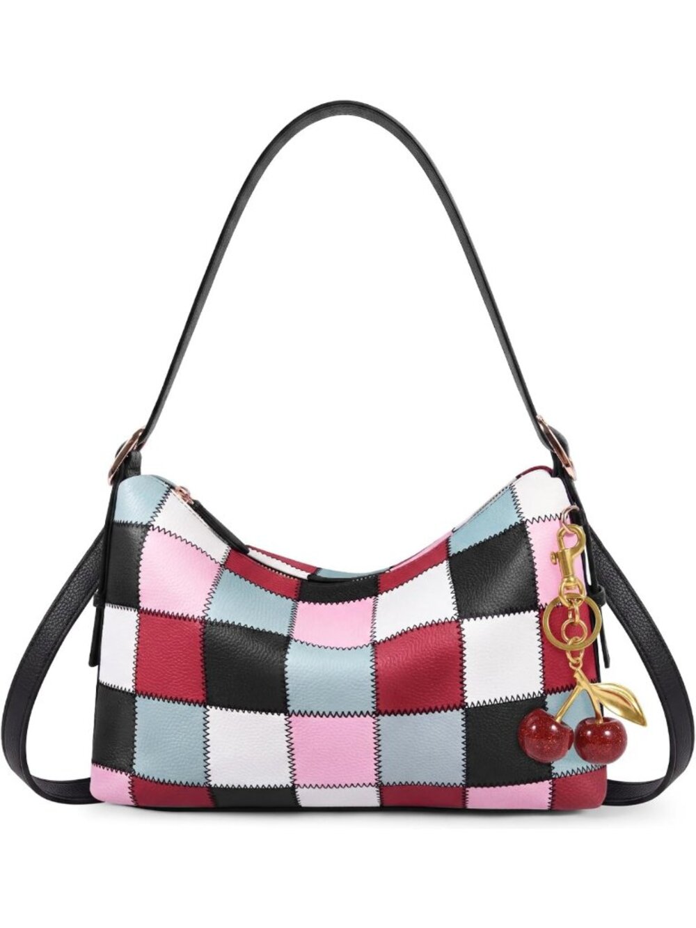 Cute Checkered Vegan Leather Hobo Bag for Women - Stylish Cherry Shoulder Purse